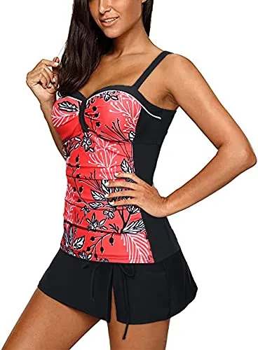 Adjustable Shoulder Straps Ruched Tankini Swim Skirts For Women Tankini Set-Red Floral