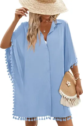 AI'MAGE Women's Swimwear Cover Ups 3/4 Sleeve Beach Coverup with Tassel Button Down Oversized Swimsuit Cover Up Shirt S-3XL