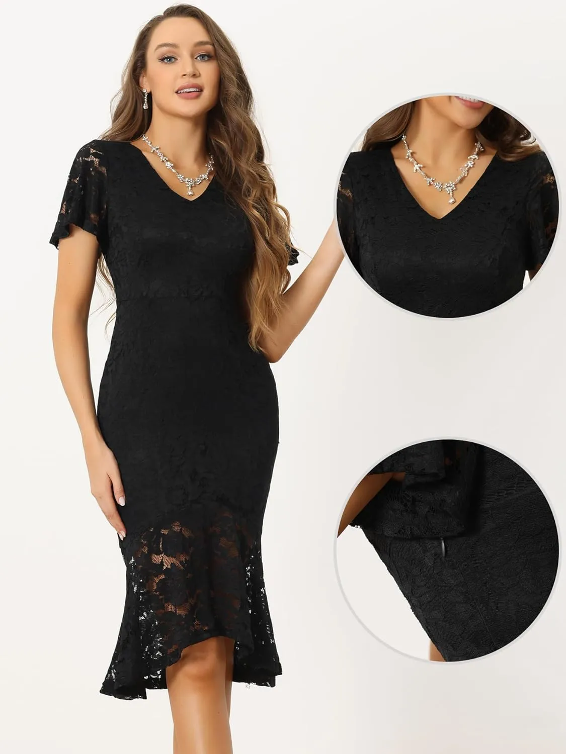Allegra K Elegant Floral Lace Dresses for Women V Neck Ruffle Short Sleeve Cocktail Mermaid Bodycon Dress