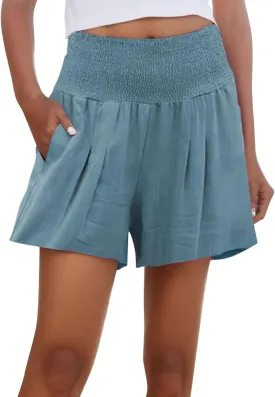 Beach Shorts for Women Casual Summer Smocked High Waisted Shorts Wide Leg Flowy Short Lounge Pants with Pockets