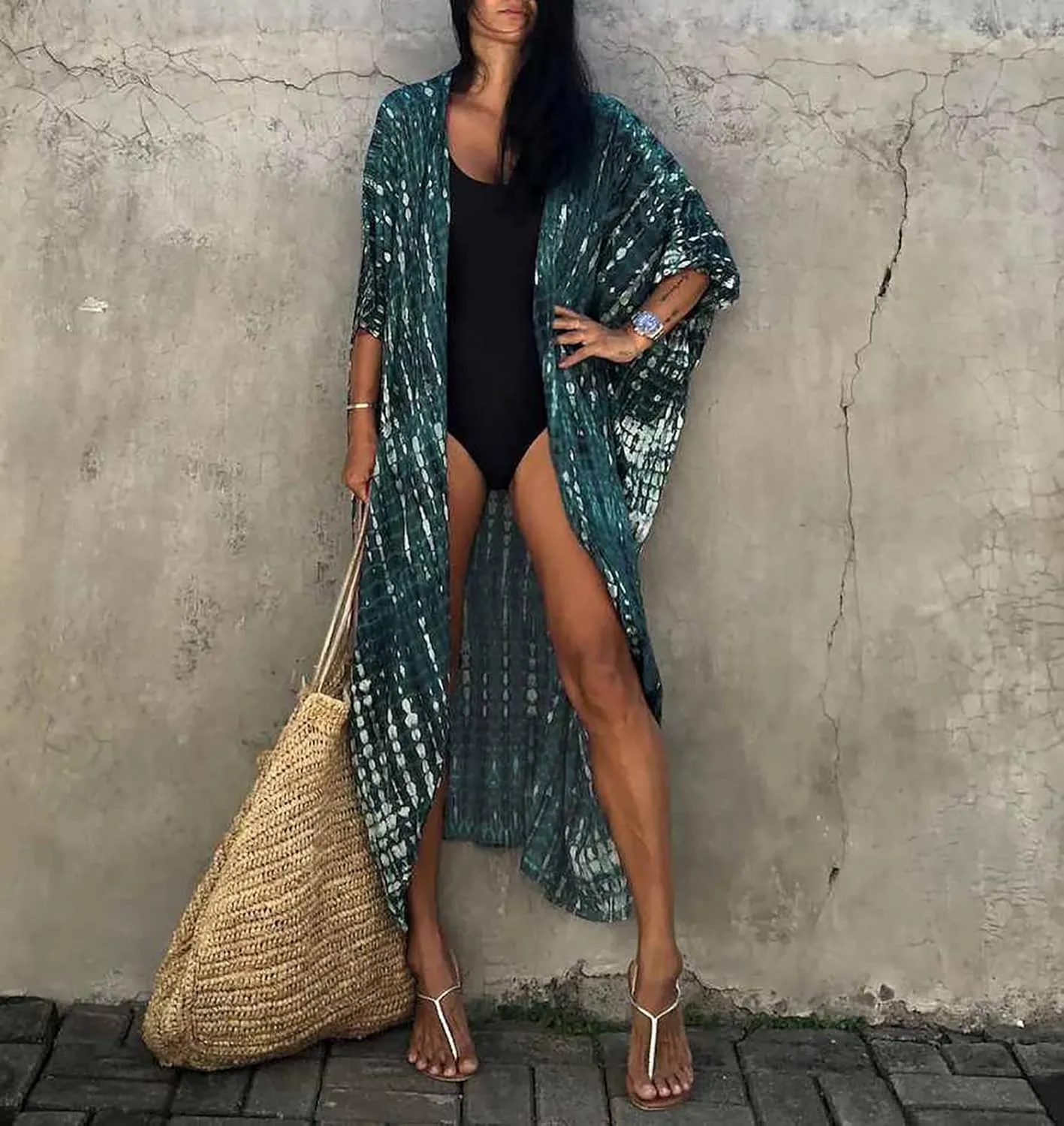 Bestyyou Women's Printed Kimono Cardigan with Tie Long Robe Dress Belted Bikini Swimsuit Cover Up Swimwear