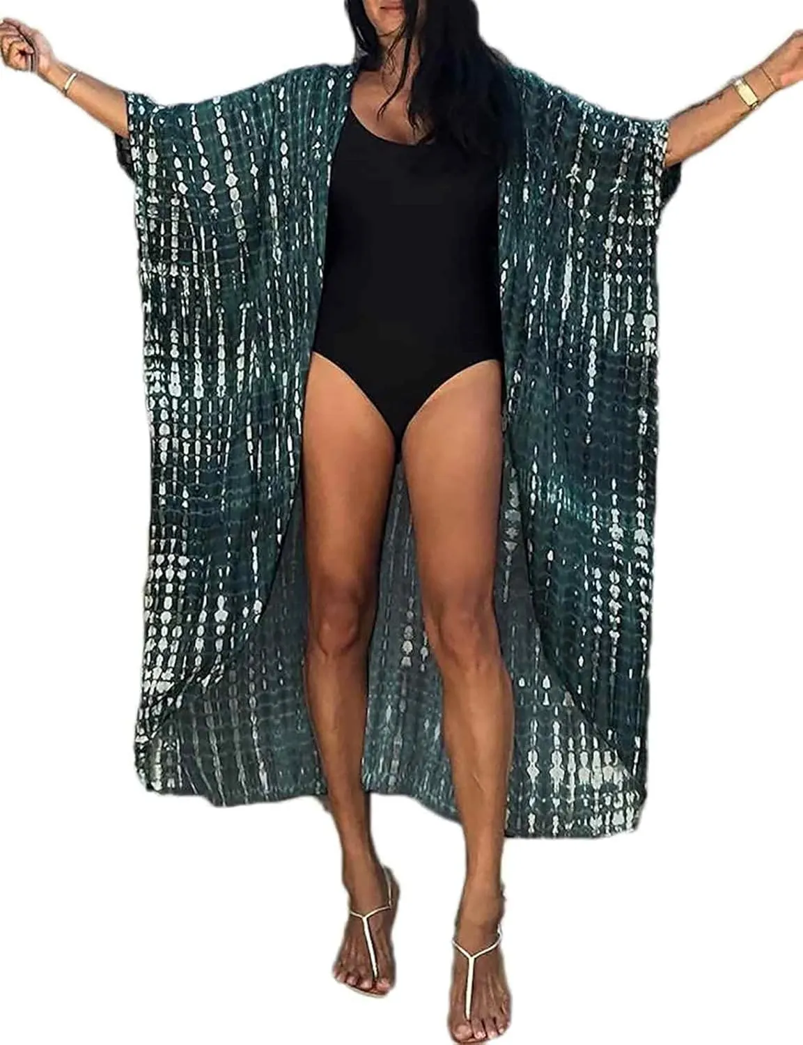Bestyyou Women's Printed Kimono Cardigan with Tie Long Robe Dress Belted Bikini Swimsuit Cover Up Swimwear