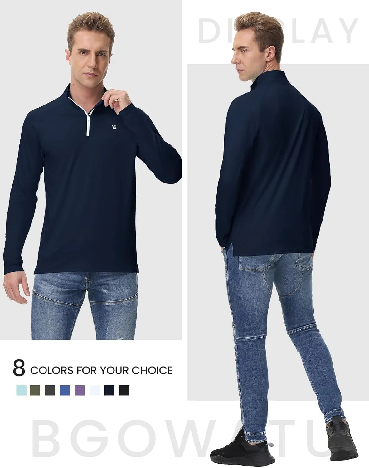 BGOWATU Men's Quarter Zip Pullover Long Sleeve Polo Shirts UPF 50 Quick Dry Golf Shirt
