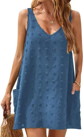Blooming Jelly Womens Casual Sun Summer Dresses Swiss Polka Dot Beach Cover Up V Neck Tank Dress with Pockets