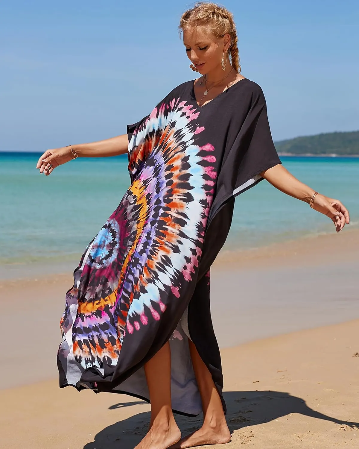 Bsubseach Kaftan Dresses for Women Plus Size Tie Dye Batwing Sleeve Caftans Swimsuit Coverup Maxi Dress Loungewear