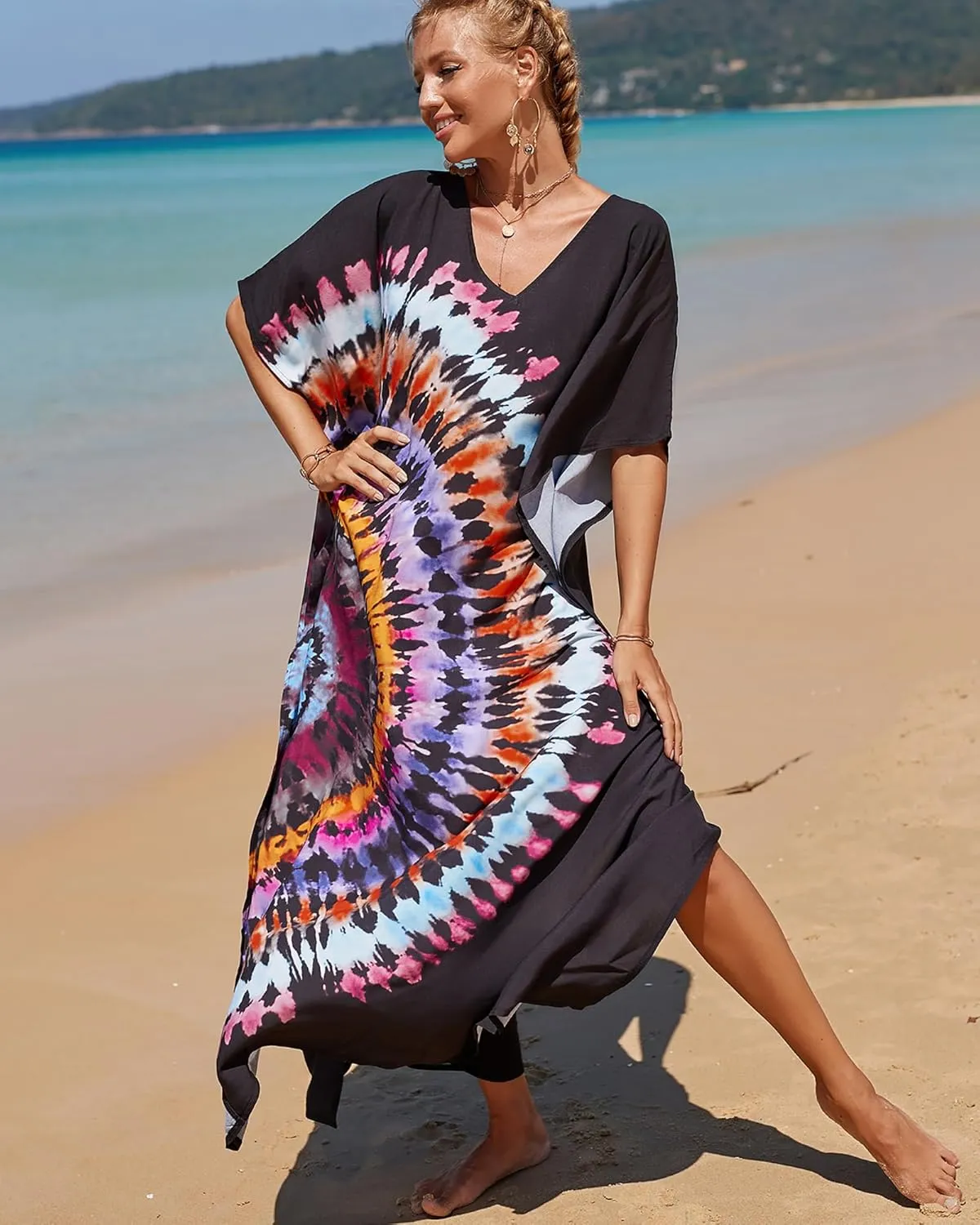 Bsubseach Kaftan Dresses for Women Plus Size Tie Dye Batwing Sleeve Caftans Swimsuit Coverup Maxi Dress Loungewear