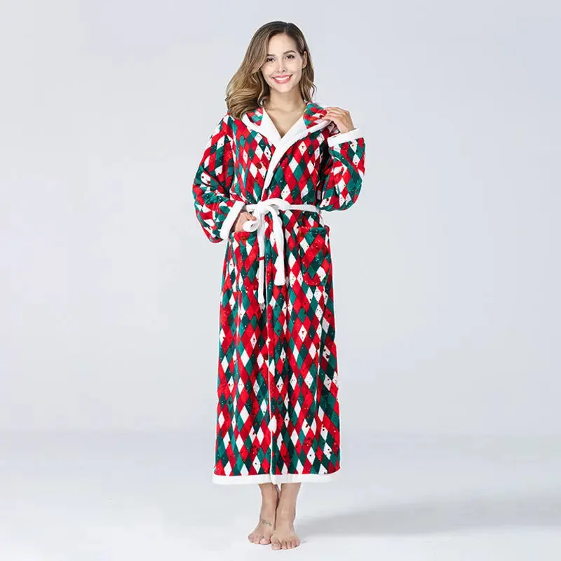 Christmas Sleepwear Women Fleece Hooded Bathrobe Plush Long Robe Winter