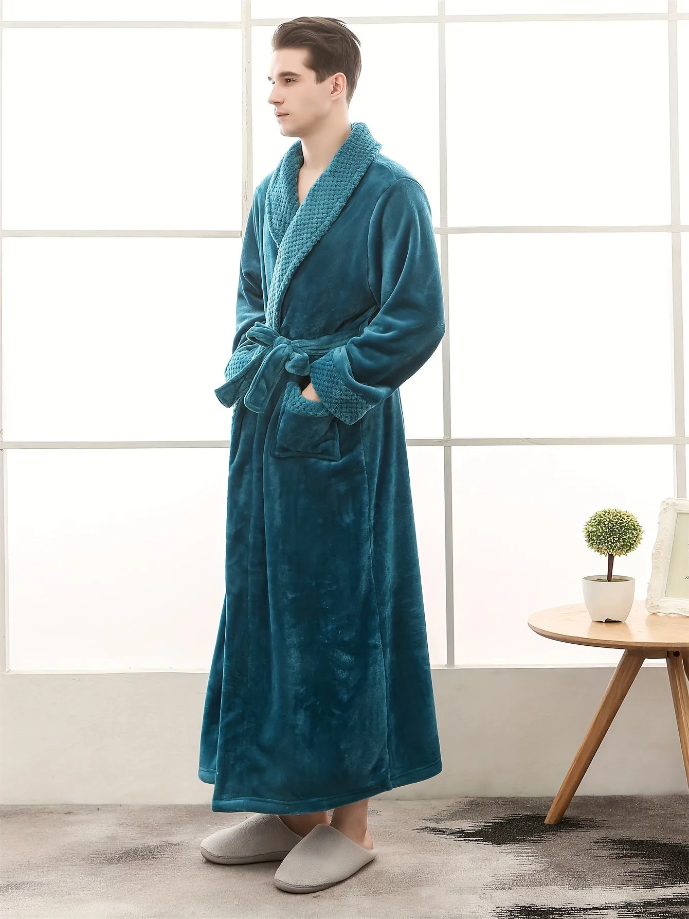 Comfy Men's Fleece Robe - Soft Solid Lapel One-Piece Kimono Night-Robe with Pocket, Lace-Up Design, Warm and Cozy for After Bath Relaxation