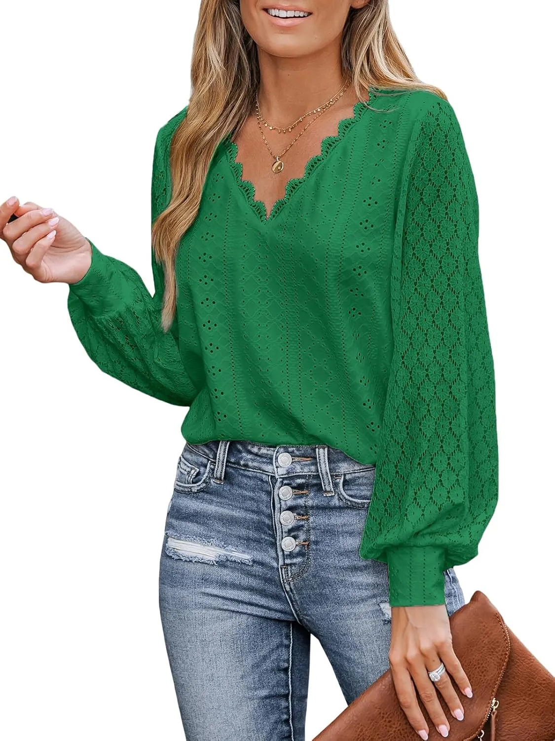 CUPSHE Long Sleeve Tops for Women Eyelet Scalloped Lace V Neck Blouse Casual Loose Fashion Shirts