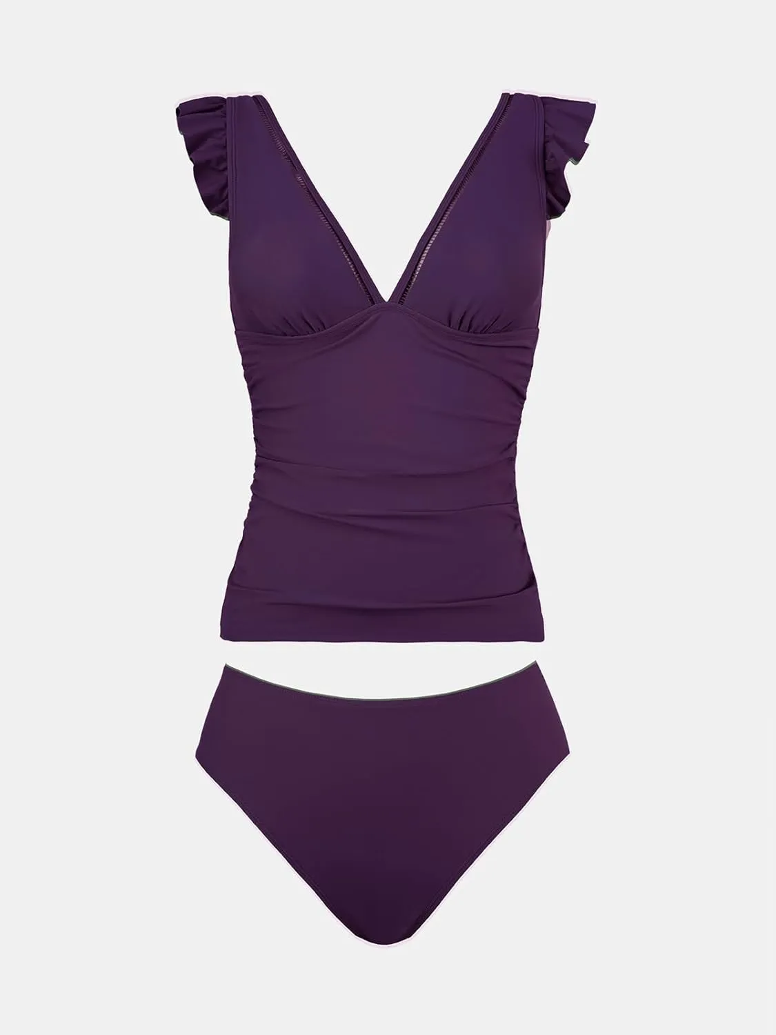 CUPSHE Women's Tankini Sets Two Piece Swimsuit V Neck Ruffled Ruched Tummy Control Ladder Trim (XS-4XL)