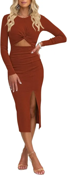 Duigluw Women Cutout Long Sleeve Crewneck Twist Front Crisscross Ruched Split Bodycon Midi Dress
