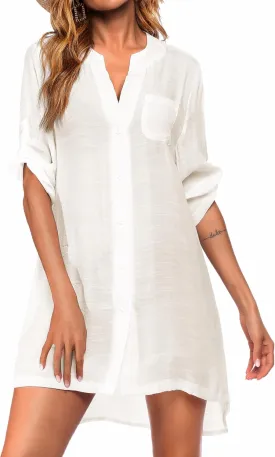 Ekouaer Bathing Suit Cover Up for Women V Neck Button Down Swimsuit Coverup Beach Dress Shirt S-3XL