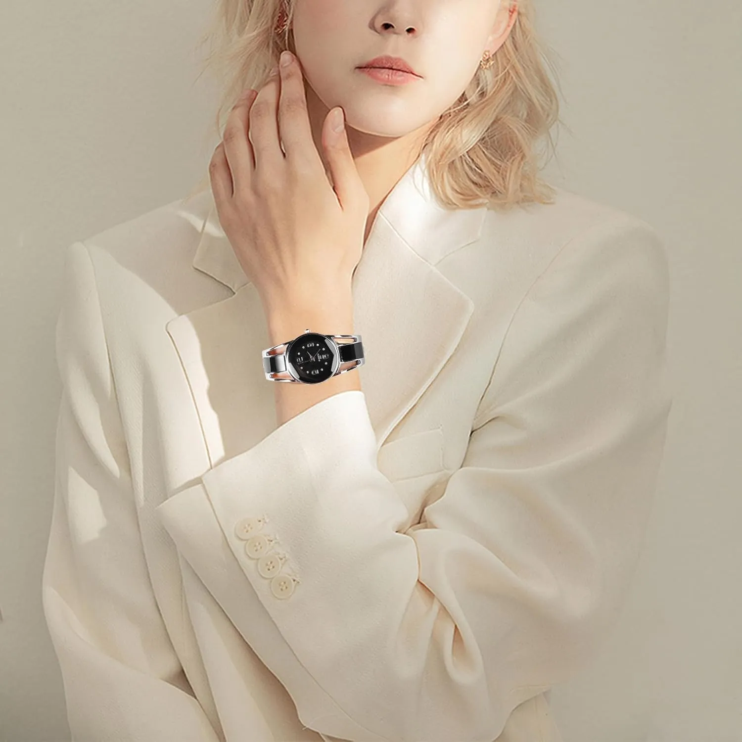 ele ELEOPTION Women Bangle Watch Bracelet Quartz with Rhinestone Round Dial Stainless Steel Band Cuff Watches with Womens Wrist Watch Box