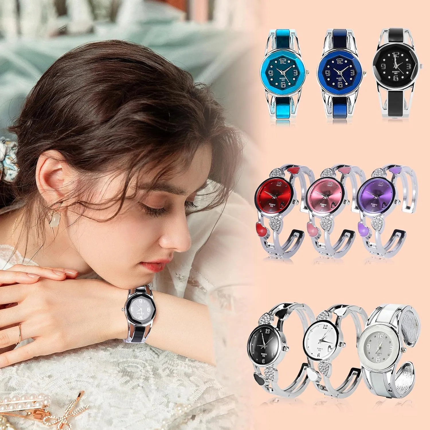 ELEOPTION Women Bangle Watch Bracelet Quartz with Rhinestone Round Dial Stainless Steel Band Cuff Watches with Womens Wrist Watch Box