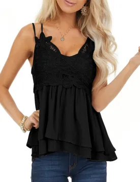 Feager Lace Tank Tops for Women Summer Spaghetti Strap Babydoll Tops Chiffon Cami Sleeveless Shirts