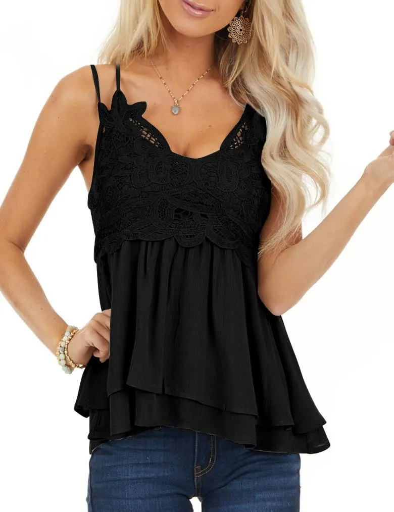 Feager Lace Tank Tops for Women Summer Spaghetti Strap Babydoll Tops Chiffon Cami Sleeveless Shirts