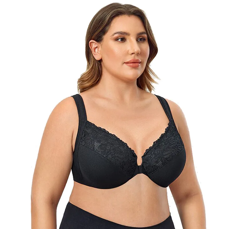 Front closure floral lace full cup non-padded underwired bra (Size 34/75 - 48/105, C-F)