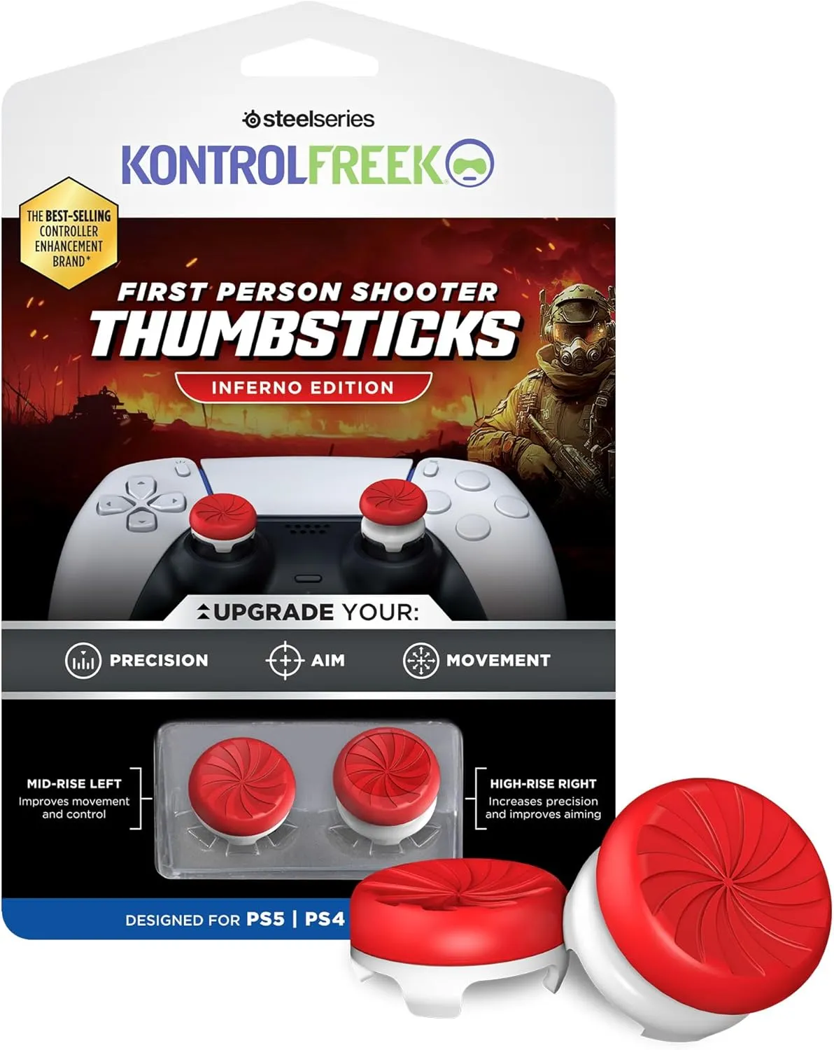 KontrolFreek FPS Freek Inferno for PlayStation 4 (PS4) and PlayStation 5 (PS5) Controller | Performance Thumbsticks | 1 High-Rise, 1 Mid-Rise | Red/White