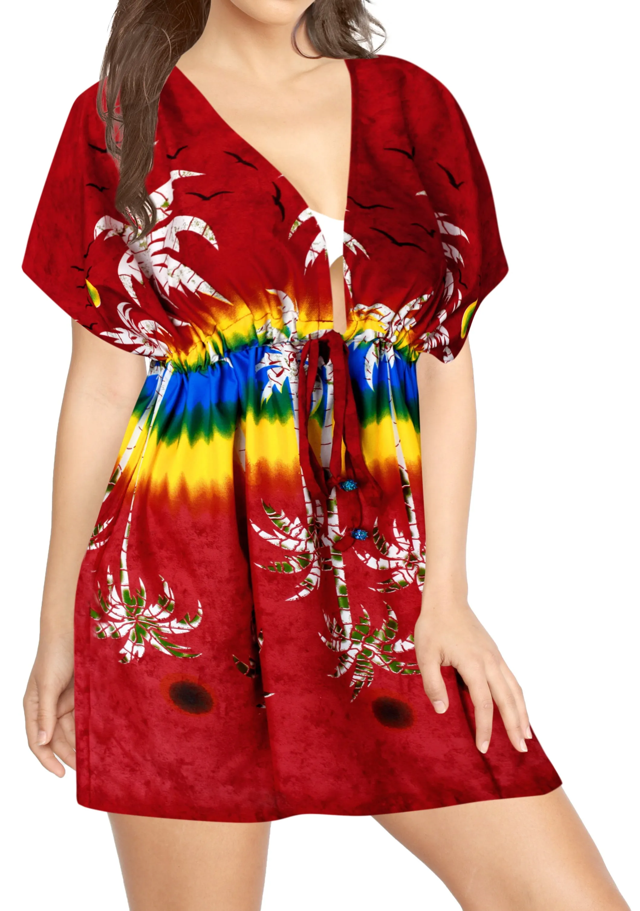LA LEELA Bikni Swimwear Soft fabric Printed Beachwear Loose Cover Up OSFM 14-24W [L- 3X] Blood Red_B815