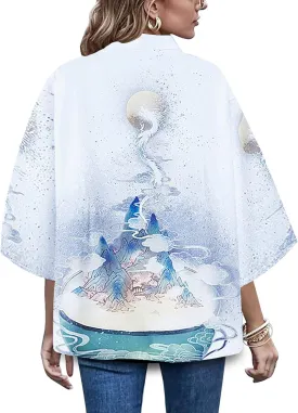 LAI MENG FIVE CATS Women's Kimono Loose Floral Print Cover up Cardigan Casual Cute Blouse Tops