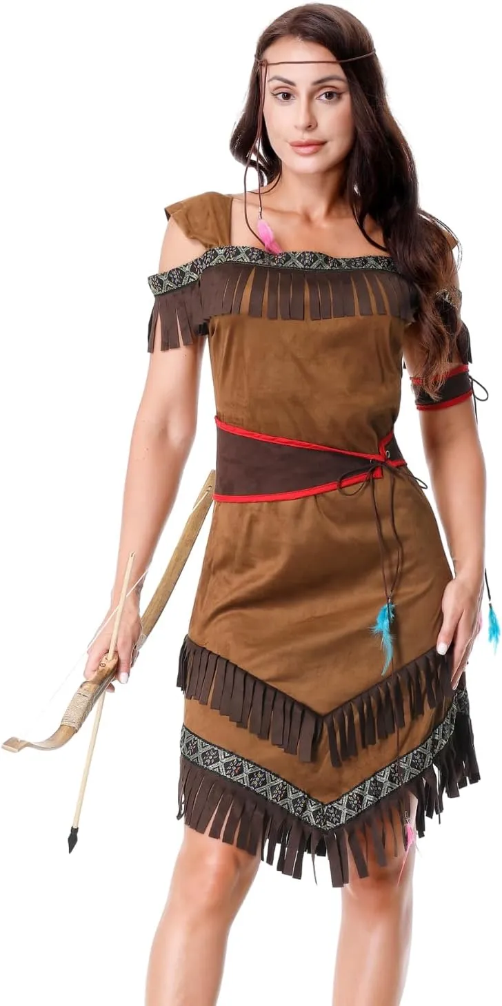 LMYOVE Women Native American Costume, Adult Native American Indian Princess Dress, Halloween Thanksgiving Dress up