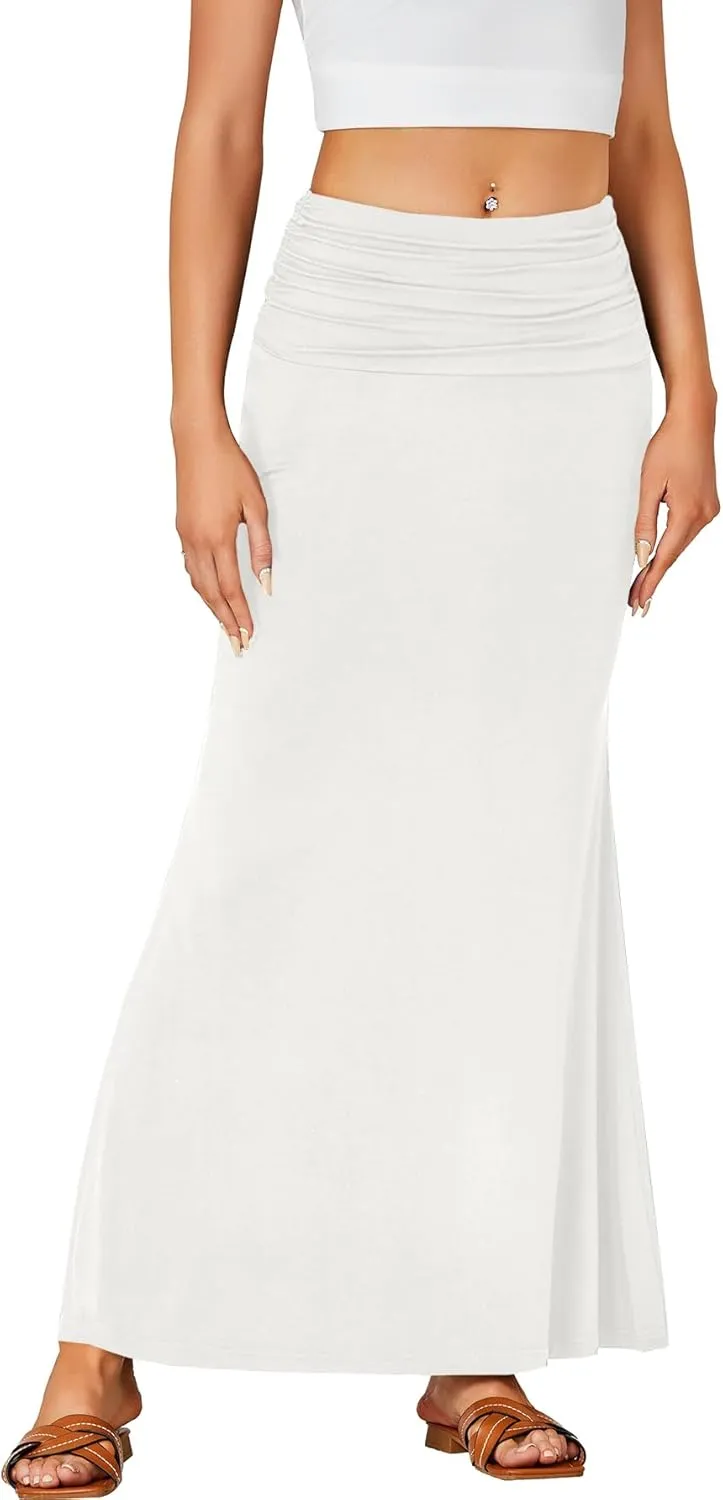 LYANER Women's Fold Over Waist Maxi Skirt Lightweight Floor Length Flared Long Skirts