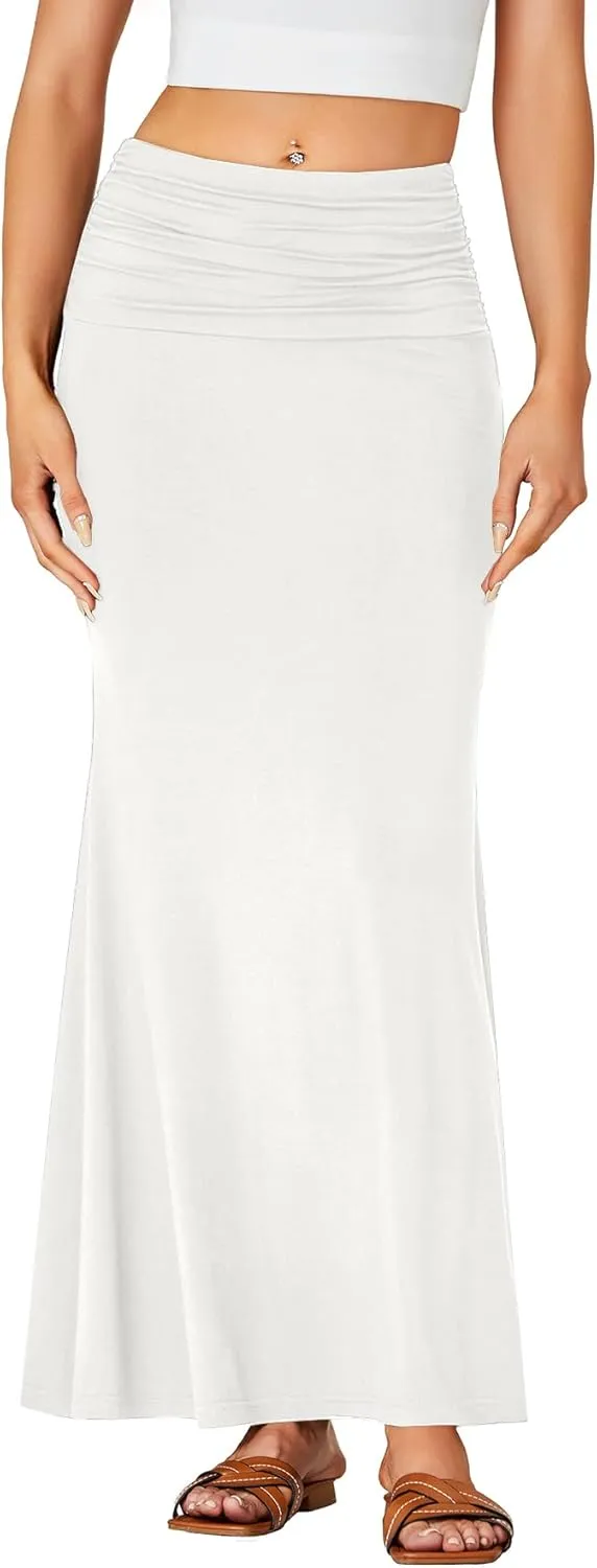 LYANER Women's Fold Over Waist Maxi Skirt Lightweight Floor Length Flared Long Skirts