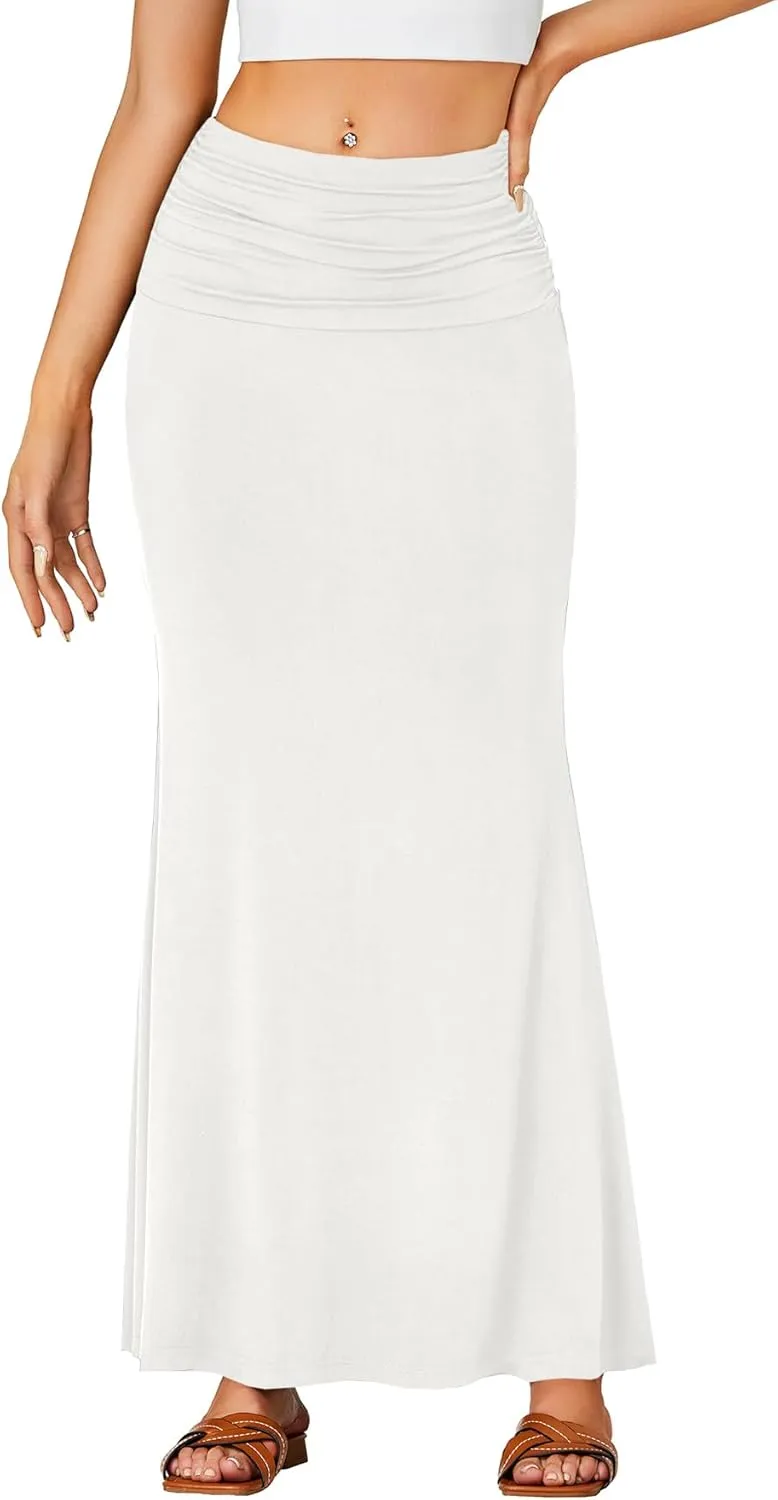 LYANER Women's Fold Over Waist Maxi Skirt Lightweight Floor Length Flared Long Skirts