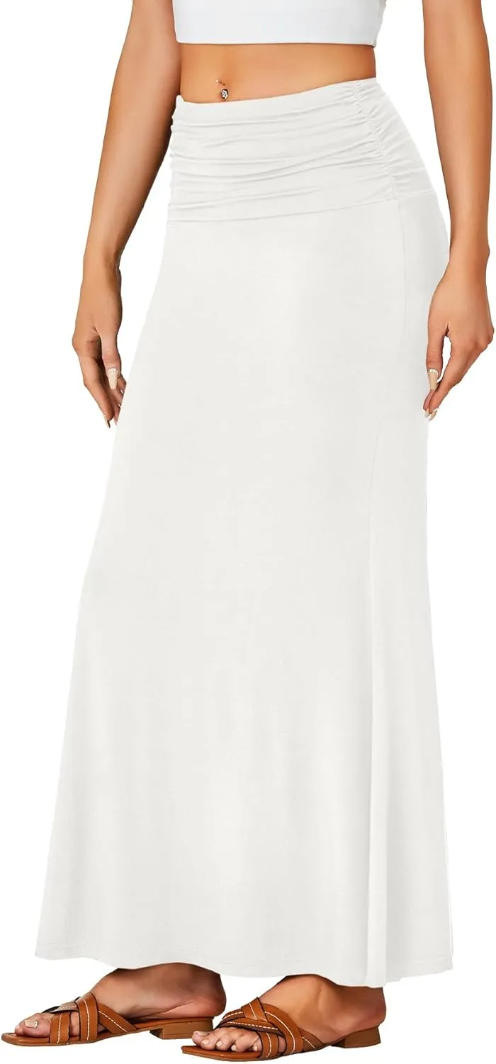 LYANER Women's Fold Over Waist Maxi Skirt Lightweight Floor Length Flared Long Skirts