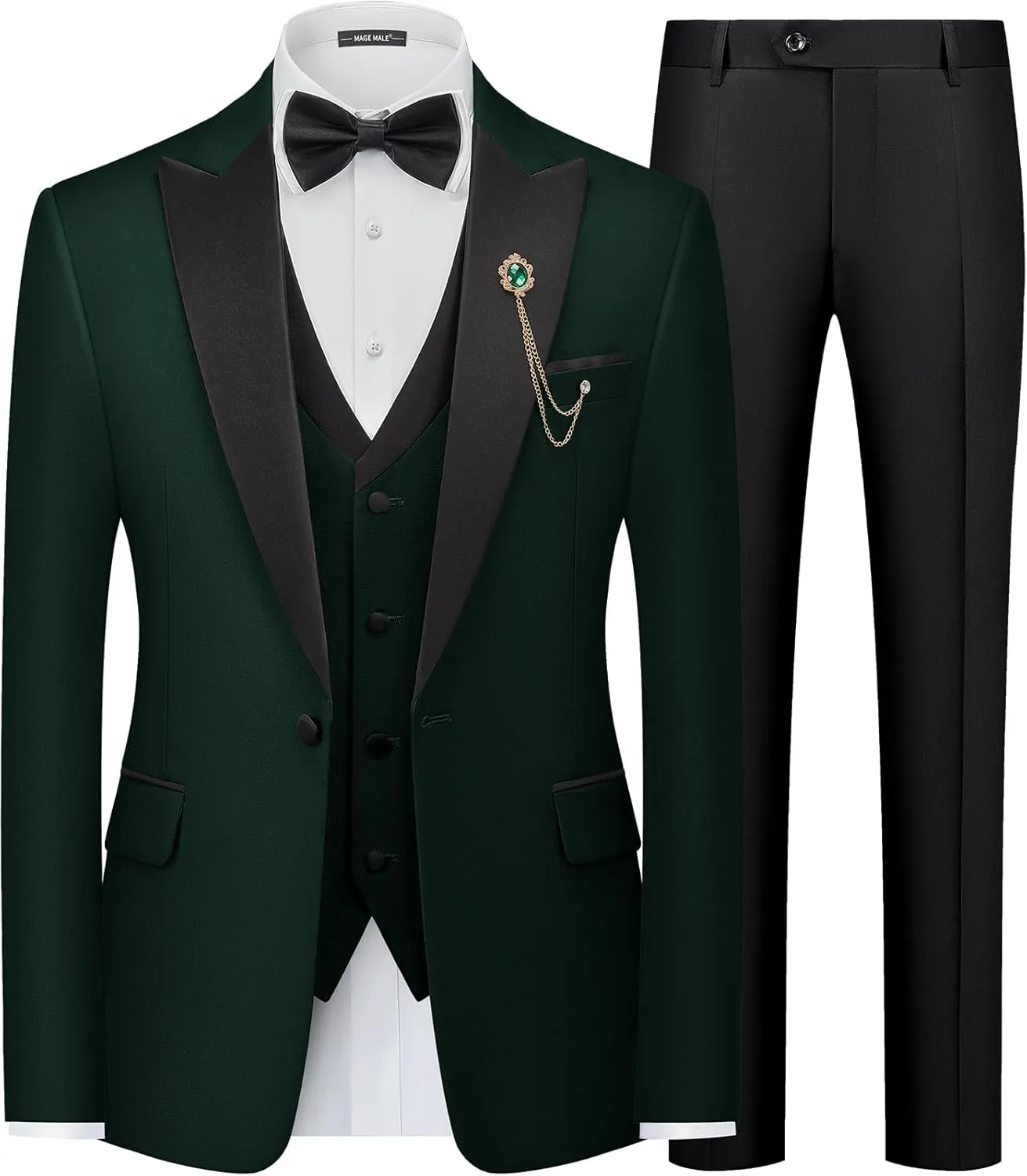 MAGE MALE Mens Suit Slim Fit 3 Piece Tuxedo Suits One Button Wedding Prom Party Dinner Blazer Vest Black Pants Set