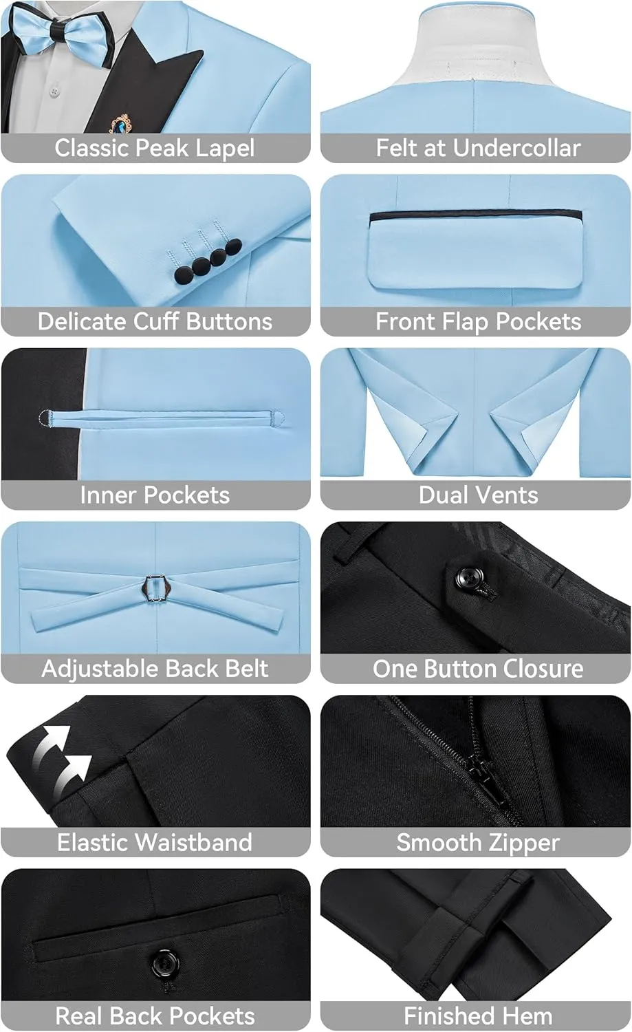 MAGE MALE Mens Suit Slim Fit 3 Piece Tuxedo Suits One Button Wedding Prom Party Dinner Blazer Vest Black Pants Set