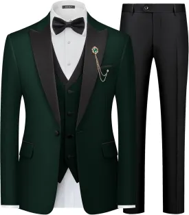 MAGE MALE Mens Suit Slim Fit 3 Piece Tuxedo Suits One Button Wedding Prom Party Dinner Blazer Vest Black Pants Set