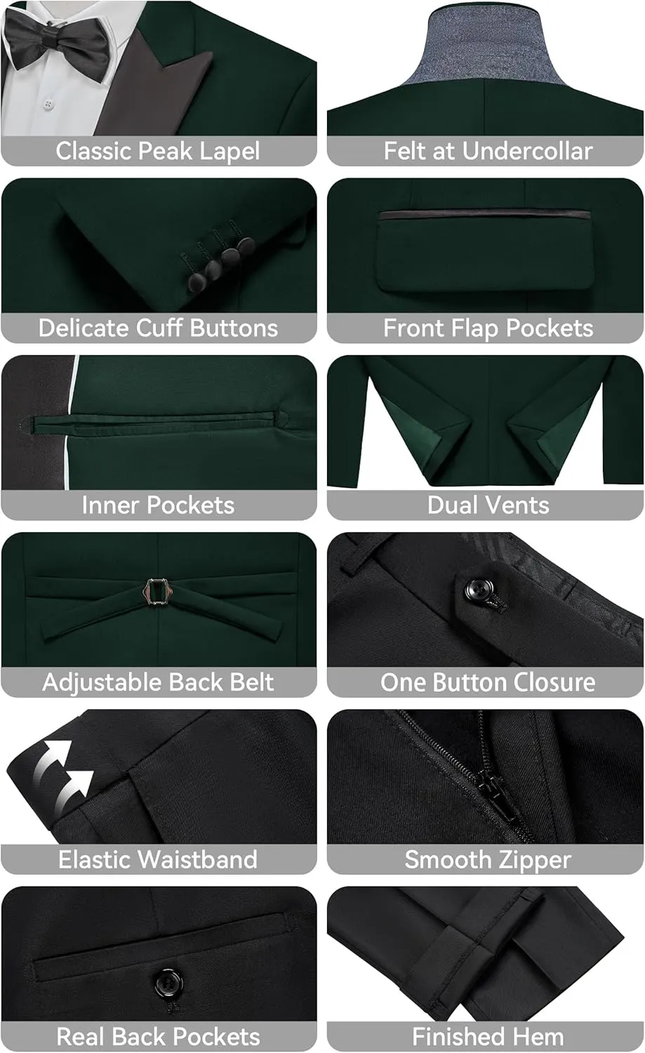 MAGE MALE Mens Suit Slim Fit 3 Piece Tuxedo Suits One Button Wedding Prom Party Dinner Blazer Vest Black Pants Set