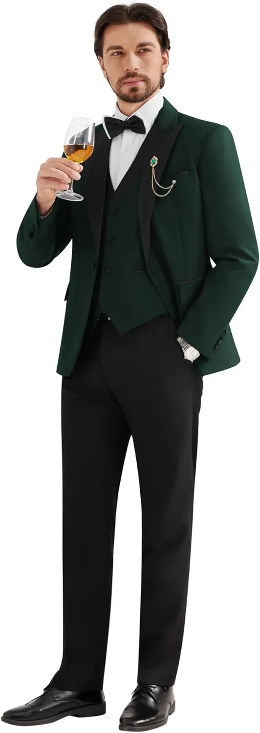 MAGE MALE Mens Suit Slim Fit 3 Piece Tuxedo Suits One Button Wedding Prom Party Dinner Blazer Vest Black Pants Set