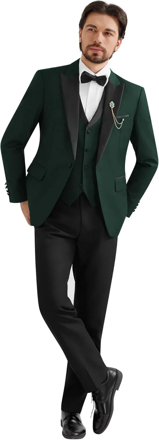 MAGE MALE Mens Suit Slim Fit 3 Piece Tuxedo Suits One Button Wedding Prom Party Dinner Blazer Vest Black Pants Set