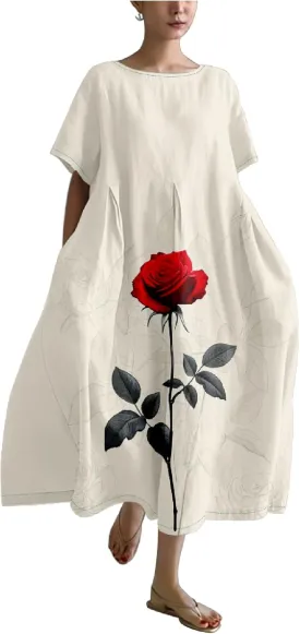 MARSVOVO Summer Casual Dresses Boho Floral Print Short Sleeve Loose Crew Neck Plus Size Party Dresses for Curvy Women
