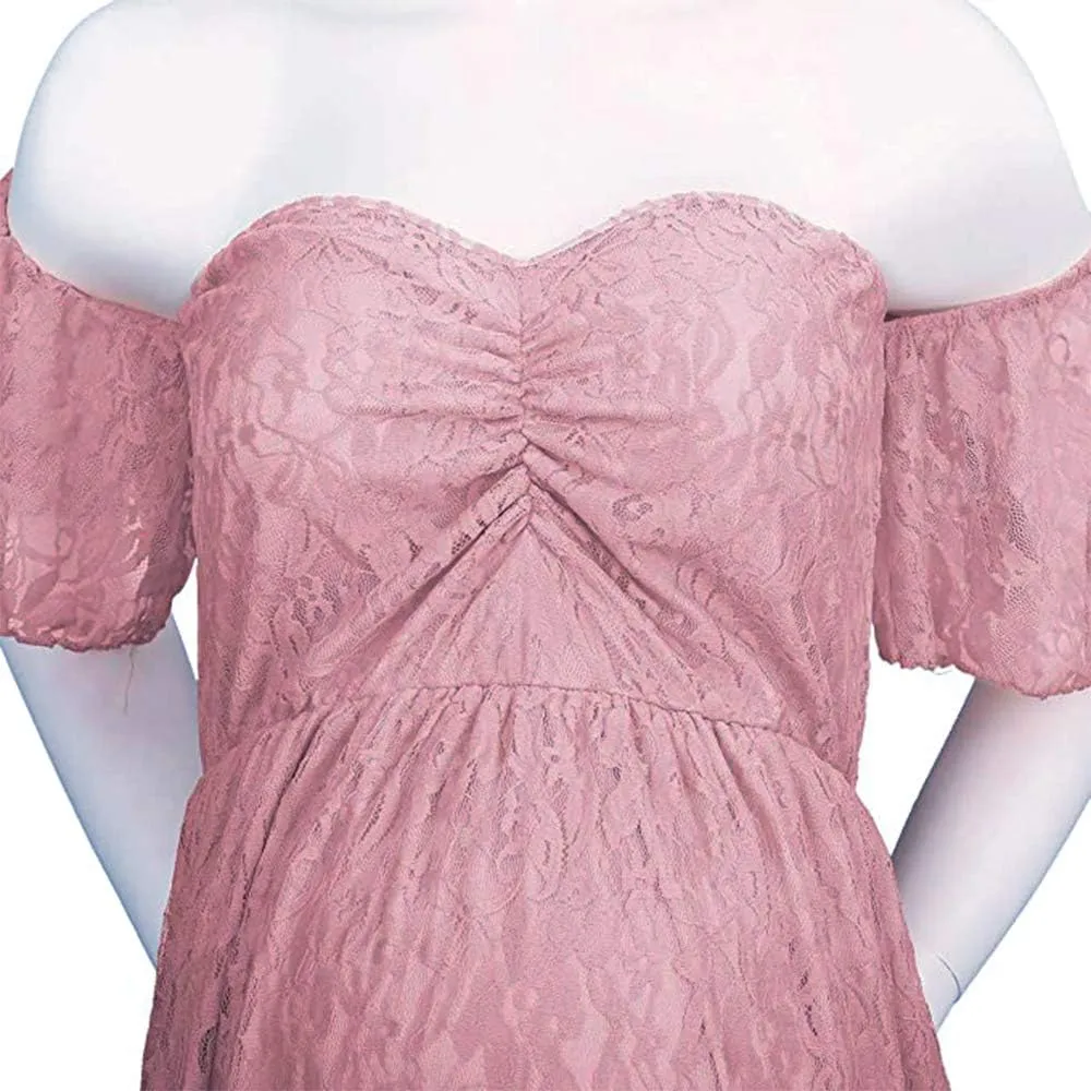 Maternity Off Shoulder Ruffle Sleeve Lace Women's Gown Maxi Photography Dress