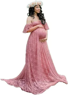 Maternity Off Shoulder Ruffle Sleeve Lace Women's Gown Maxi Photography Dress