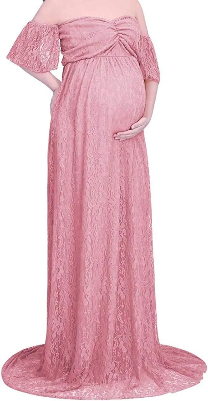 Maternity Off Shoulder Ruffle Sleeve Lace Women's Gown Maxi Photography Dress