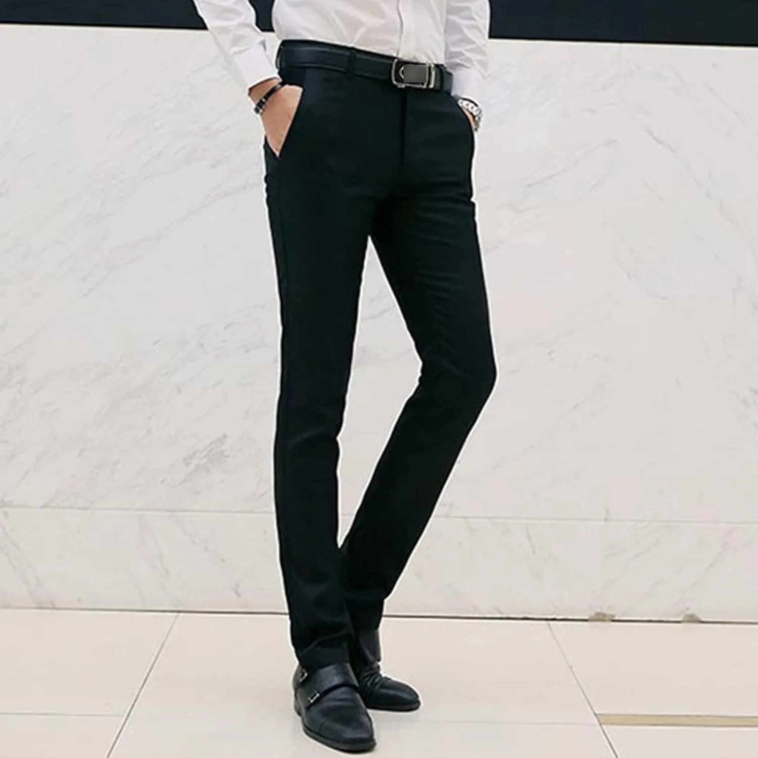 Men Stylish Slim Stretch Dress Pant Solid Skinny Comfort Suit Pant Lightweight Wrinkle Resistant Business Trousers