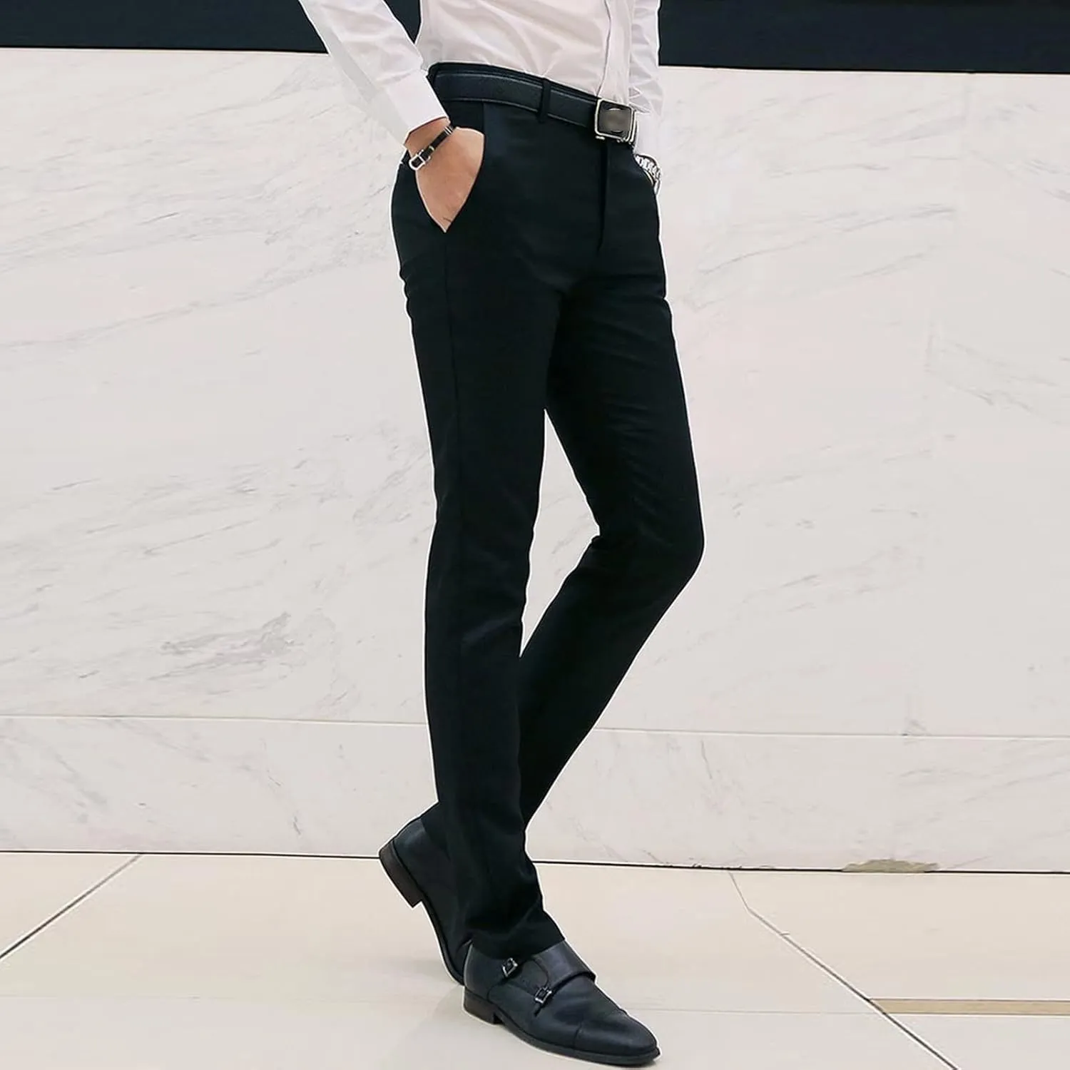 Men Stylish Slim Stretch Dress Pant Solid Skinny Comfort Suit Pant Lightweight Wrinkle Resistant Business Trousers