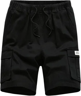 Mens Cargo Shorts Elastic Waist Drawstring Cotton Casual Outdoor Lightweight Shorts with Multi Pockets Jogger Pants