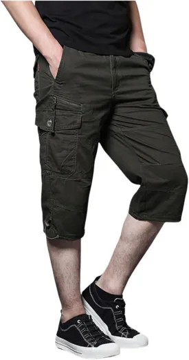 Men's Mid Rise Cotton Capri Hiking Shorts Drawstring Multi Pocket Cargo Shorts 2025 Trendy Elastic Waist Cropped Cargo Pants