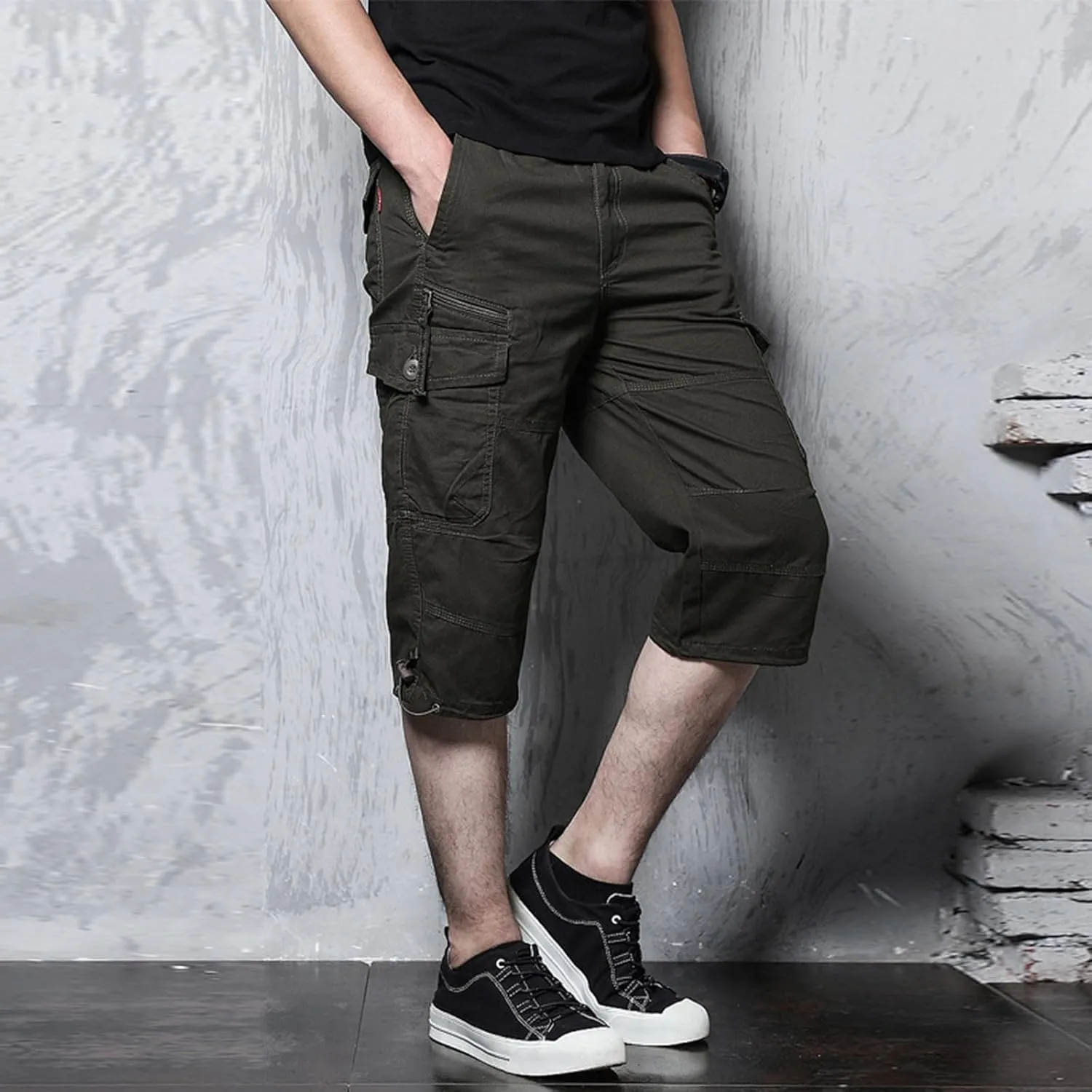 Men's Mid Rise Cotton Capri Hiking Shorts Drawstring Multi Pocket Cargo Shorts 2025 Trendy Elastic Waist Cropped Cargo Pants