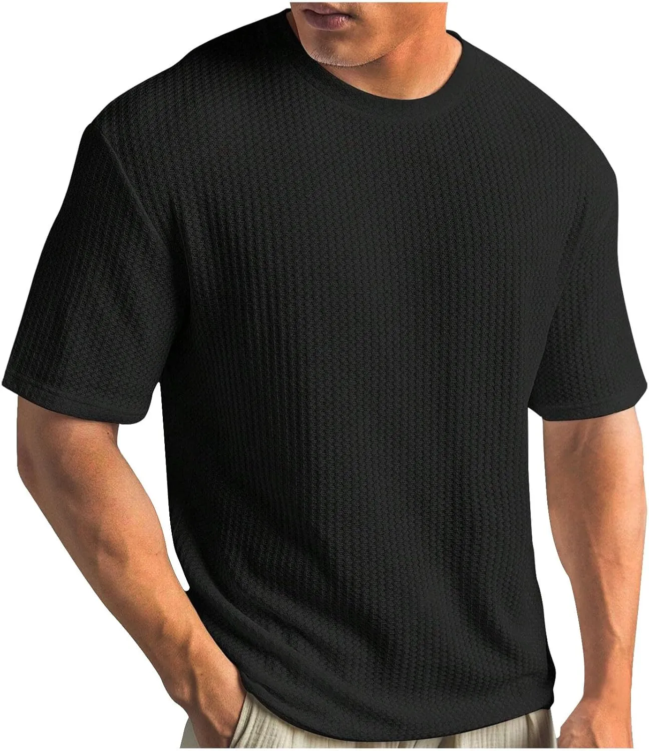 Mens Textured T-Shirts Lightweight Casual Knit Short Sleeve Crewneck Tops Summer Loose Fit Waffle Knit Pullover Tees