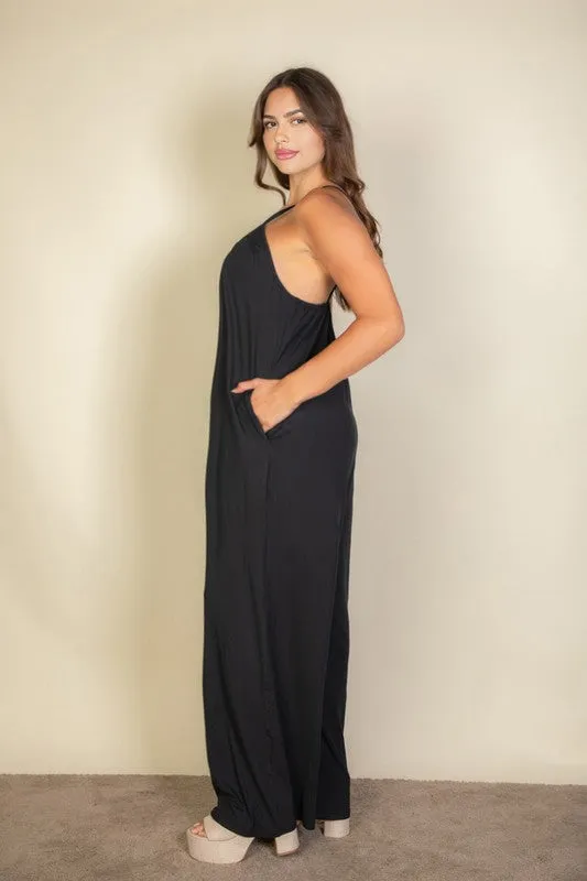 Plus Size Spaghetti strap solid wide jumpsuit