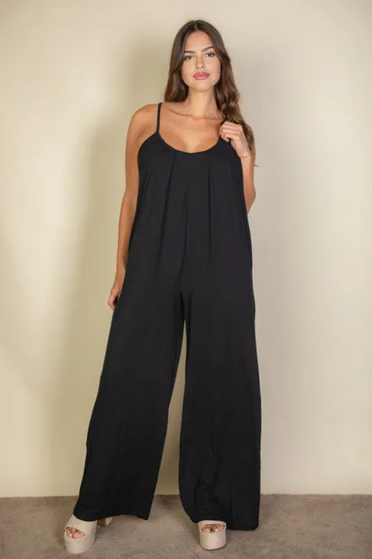 Plus Size Spaghetti strap solid wide jumpsuit
