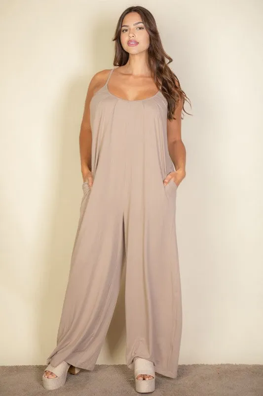 Plus Size Spaghetti strap solid wide jumpsuit
