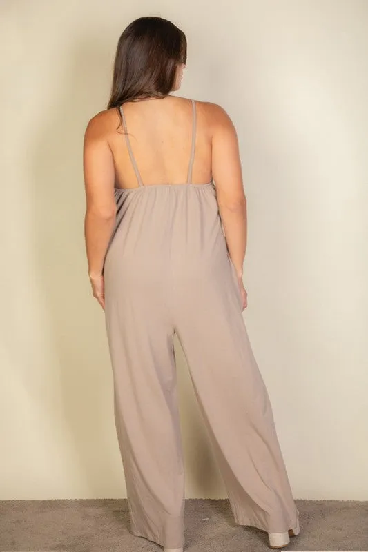 Plus Size Spaghetti strap solid wide jumpsuit