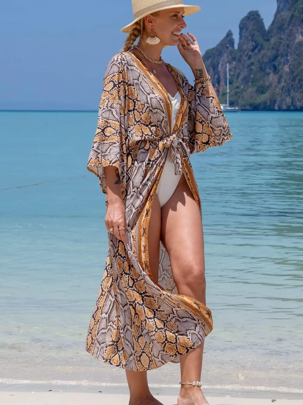 RanRui Womenloose Kimono Duster Beach Blouse Long Beach Kimono Robe Cover ups Kimonos for Women